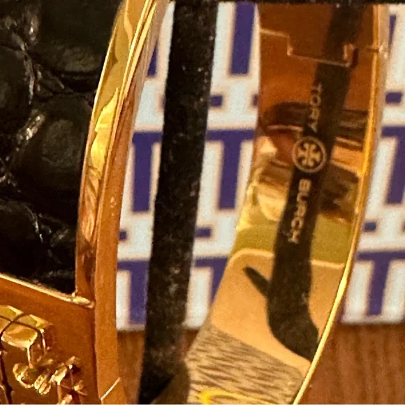 Tory Burch- Black Croc Embossed Leather and Gold Enamel Hinged Bracelet, EUC